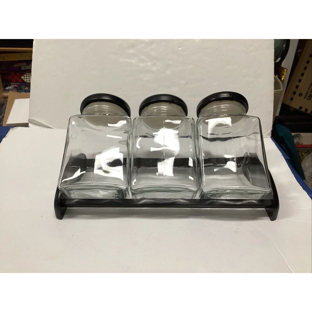 vintage glass storage slanted jars w/black lids set of 3 w/rack 8-3/4”H